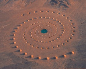 Fibonacci-spiral i Saharaørkenen. Vannkilde i midten på koordinater nord: