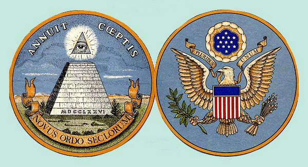 Forsiden og baksiden av det amerikanske segl. Det er fullt av okkulte symboler og -tall. Vi ser pyramiden med det altseende øyet, og stjernene over føniksensørnens hode danner og heksagram innskrevet i en sirkel osv.